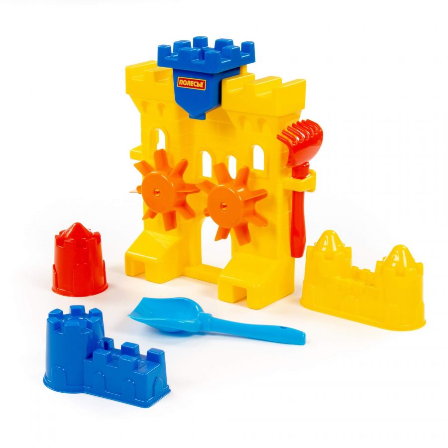 Набор №466: песочная мельница "Крепость", лопатка №5, грабельки №5, формочки (замок мост + замок башня + замок стена с двумя башнями)