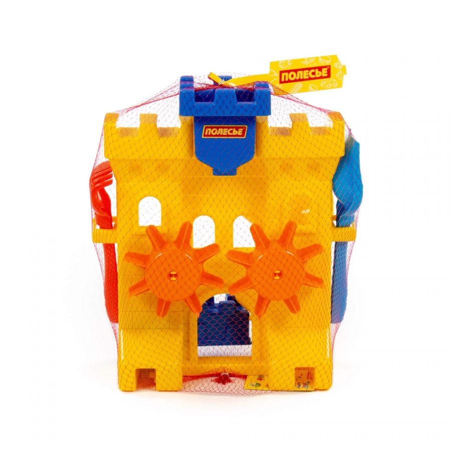 Набор №466: песочная мельница "Крепость", лопатка №5, грабельки №5, формочки (замок мост + замок башня + замок стена с двумя башнями)