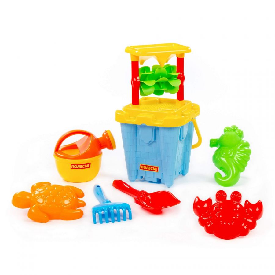 Набор №557: песочная мельница №2, ведро-замок большое №2, лопатка №5, грабельки №5, формочки (краб №2 + морской конёк + черепаха), лейка малая №4