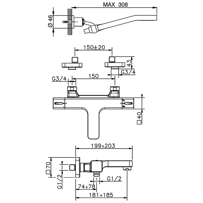 Смеситель для ванны Cisal Cubic CUT21020/CUD21020 ФОТО