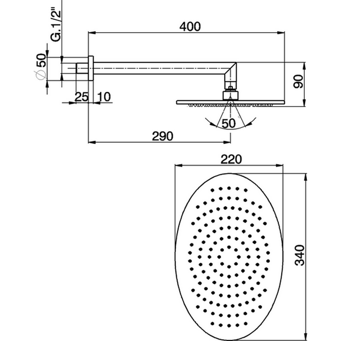 Верхний душ Cisal Shower 340х220 мм с настенным держателем L290 мм ФОТО