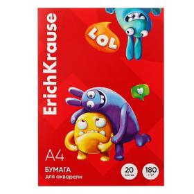 Бумага для акварели А4, 20 листов, ErichKrause Jolly Friends, блок 180 г/м?, 100% белизна, в картонной папке