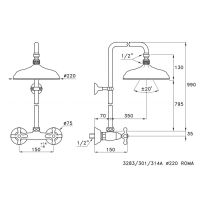 Душевой комплект Stella Roma 3283/301/314A-90: смеситель штанга+ручной+верхний душ 90мм схема 6