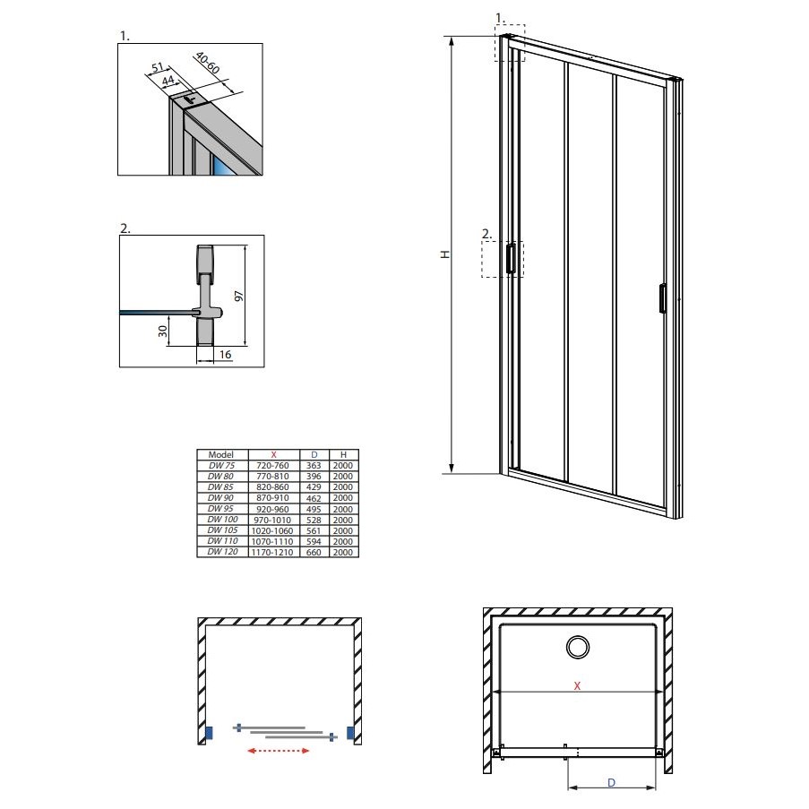 Трехсекционная раздвижная дверь Radaway Evo DW для душевого уголка 80 см схема 2
