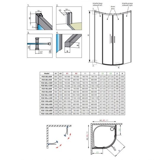 Полукруглый душевой уголок Radaway Idea PDD двухдверный 80х80 см схема 2