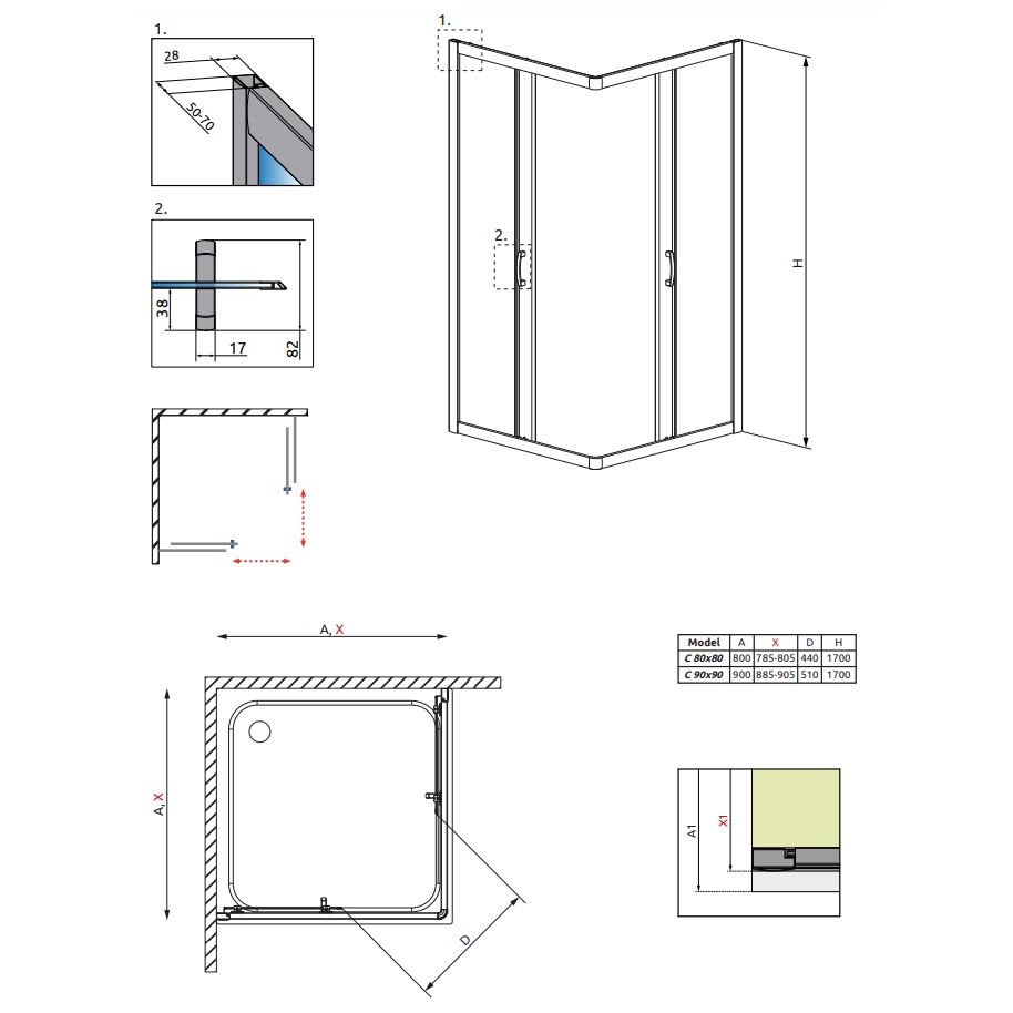 Квадратное душевое ограждение Radaway Premium Plus C 1700 для высокого поддона 90х90 см схема 2