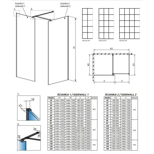 Решетчатая стеклянная душевая перегородка Walk-in Radaway Modo X Black III Factory 85х85 см схема 2