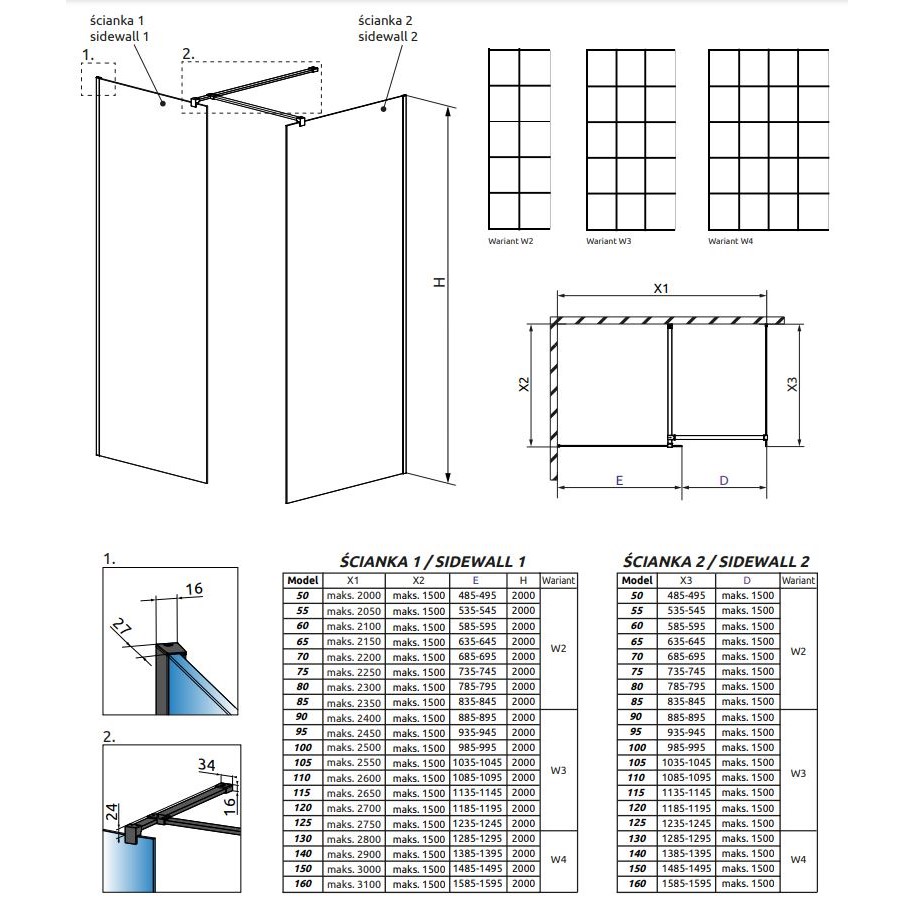 Решетчатая стеклянная душевая перегородка Walk-in Radaway Modo X Black III Factory 110х90 см схема 2