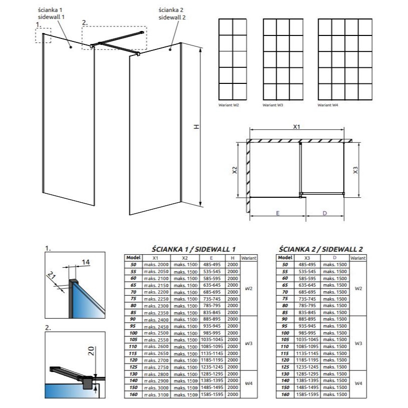 Стеклянная душевая перегородка Walk-in Radaway Modo New Black III Factory решетчатое 55х50 см схема 2