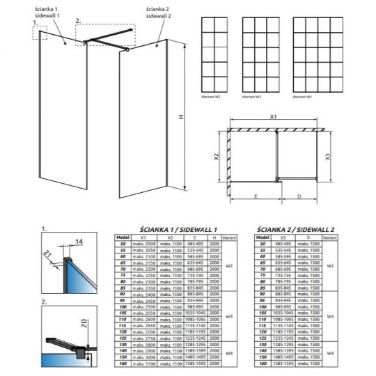 Стеклянная душевая перегородка Walk-in Radaway Modo New Black III Factory решетчатое 60х55 см схема 2