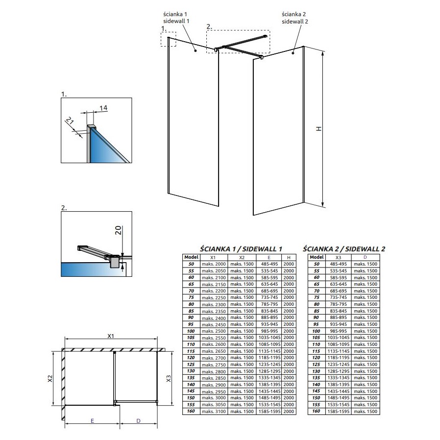 Стеклянная душевая перегородка Walk-in Radaway Modo New Black III Frame с черными перегородками 100х90 см ФОТО