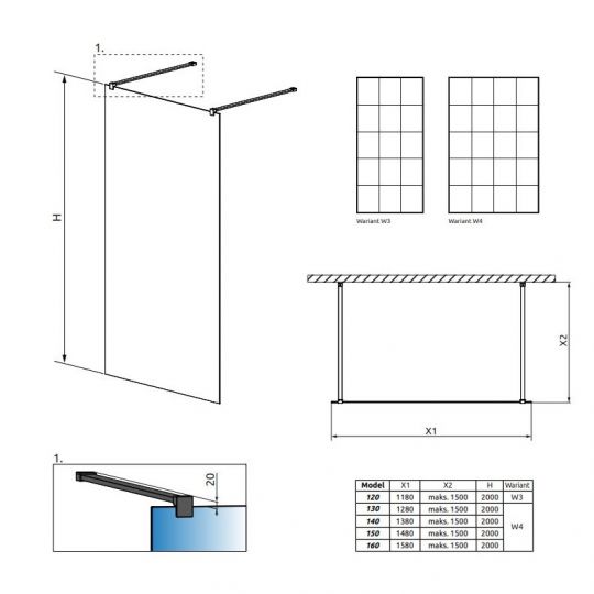 Душевая перегородка Walk-in Radaway Modo New Black I Factory с черной решеткой 130х200 см схема 2