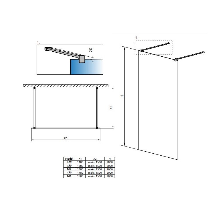 Стеклянная душевая перегородка Walk-in Radaway Modo New Black I Frame с черным профилем 130х200 см схема 2