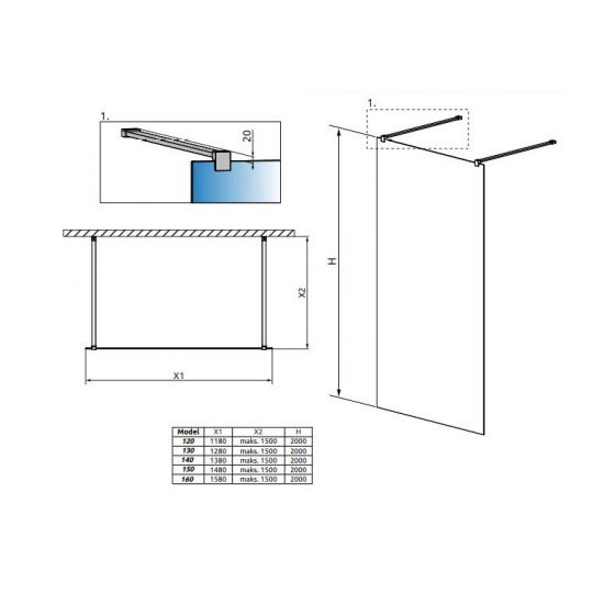 Стеклянная душевая перегородка Walk-in Radaway Modo New Black I Frame с черным профилем 130х200 см схема 2