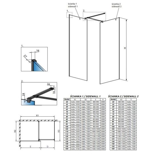 Душевая перегородка из стекла Walk-in Radaway Modo X Black III Frame 100х50 см схема 2