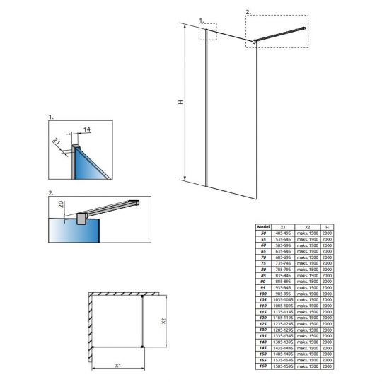 Душевая перегородка в черной раме Walk-in Radaway Modo New Black II Frame с черным профилем 150 х 200 см схема 2