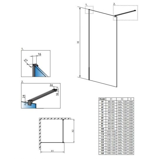 Душевая перегородка Walk-in Radaway Modo X Black II Frame в черной раме 50 х 200 см схема 2