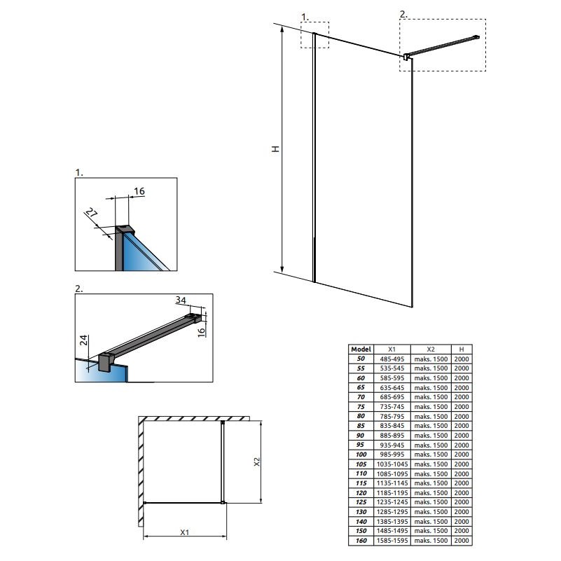 Душевая перегородка Walk-in Radaway Modo X Black II Frame в черной раме 90 х 200 см схема 2