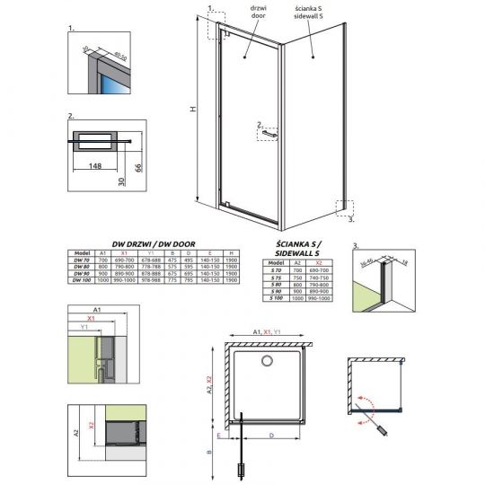 Душевой уголок Radaway Twist DW+S с поворотной дверью 70х80 см схема 2