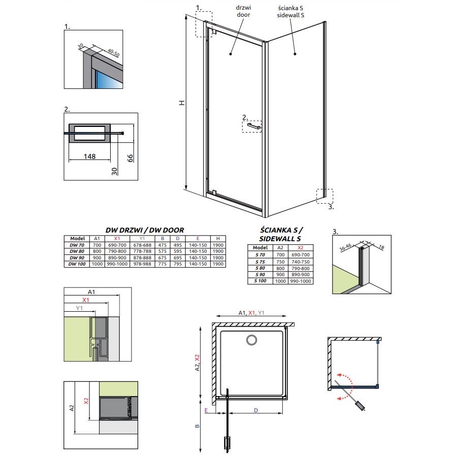 Душевой уголок Radaway Twist DW+S с поворотной дверью 70х90 см схема 2