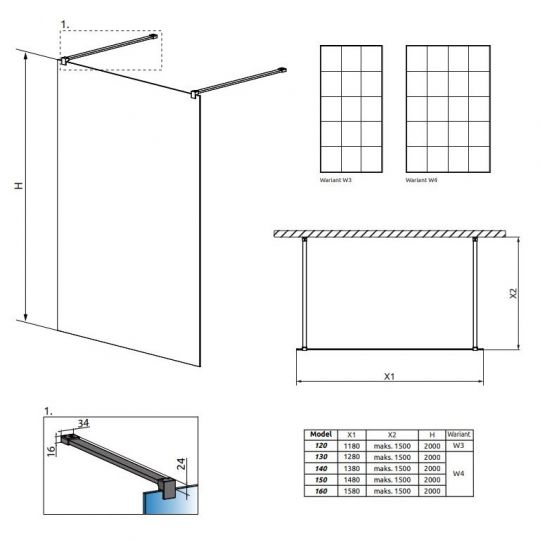 Душевая перегородка Walk-in Radaway Modo X Black I Factory с черной решеткой 150х200 см схема 2