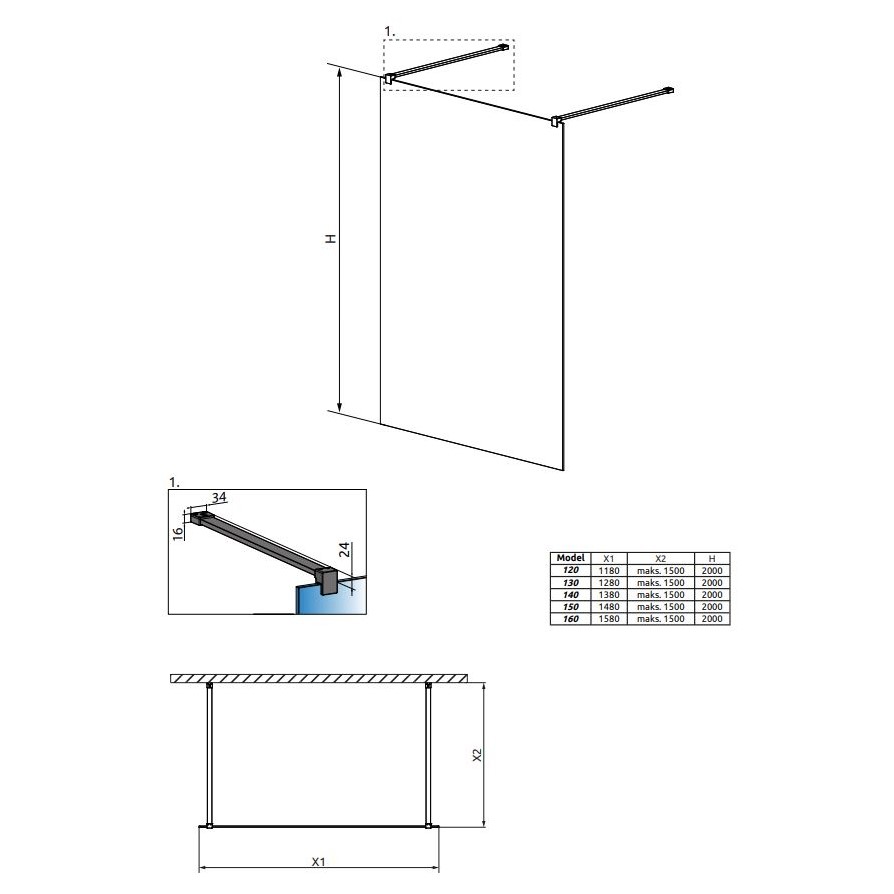 Душевая перегородка Walk-in Radaway Modo X Black I Frame с черным профилем 130х200 см ФОТО