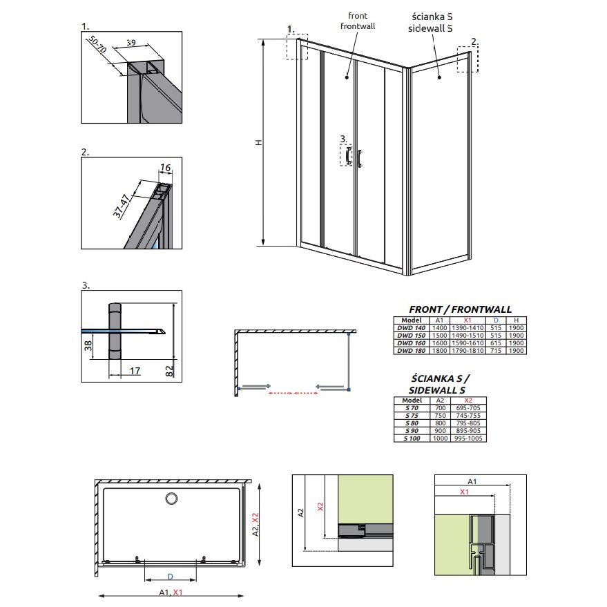 Двустворчатое душевое ограждение Radaway Premium Plus DWD+S 180х70 см схема 2