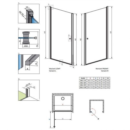 Одинарная душевая дверь в нишу Radaway Eos DWJ I с открытием наружу 70 х 197 см схема 2