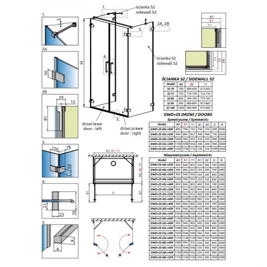 Пристенный душевой уголок Radaway Arta DWD+2S двухдверный 110х70 см схема 2