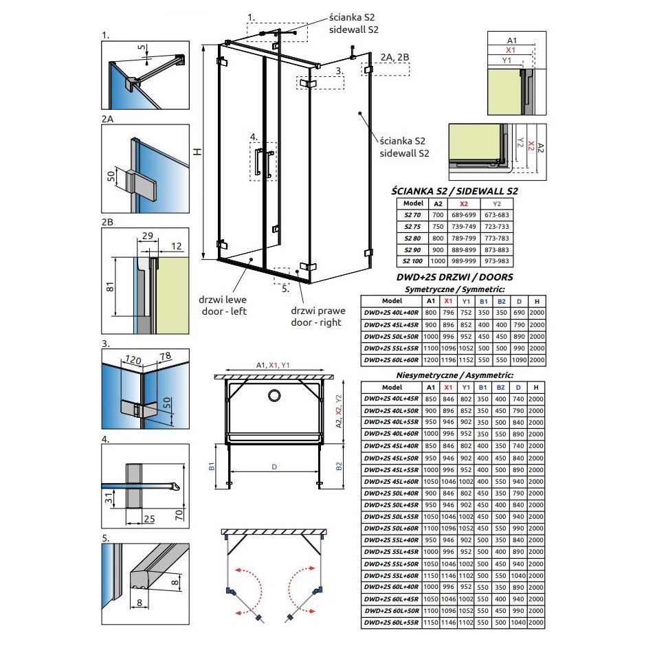 Пристенный душевой уголок Radaway Arta DWD+2S двухдверный 120х70 см схема 2