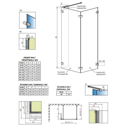 Свободностоящий душевой уголок Walk-in Radaway Euphoria IV 100х90 см схема 2